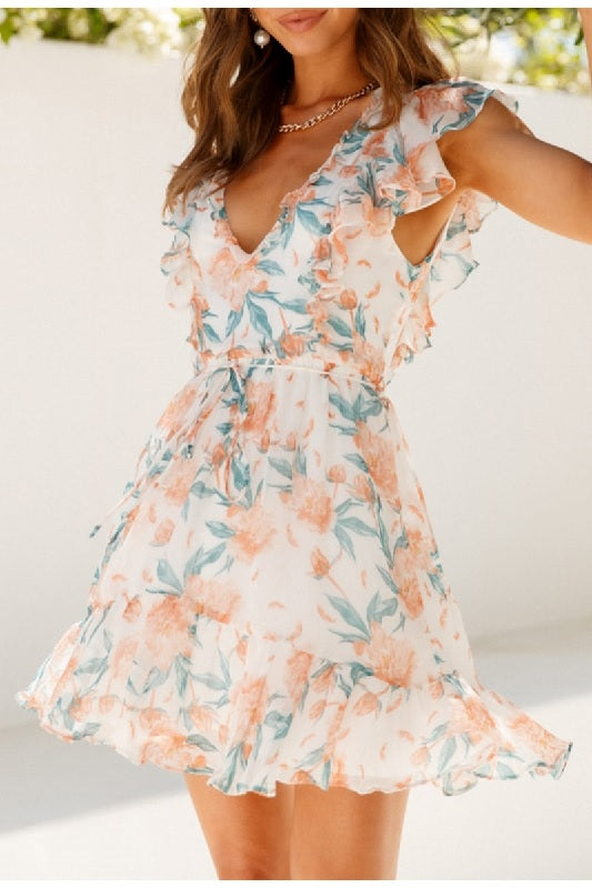 Floral print Casual high-waist ruffled short dress