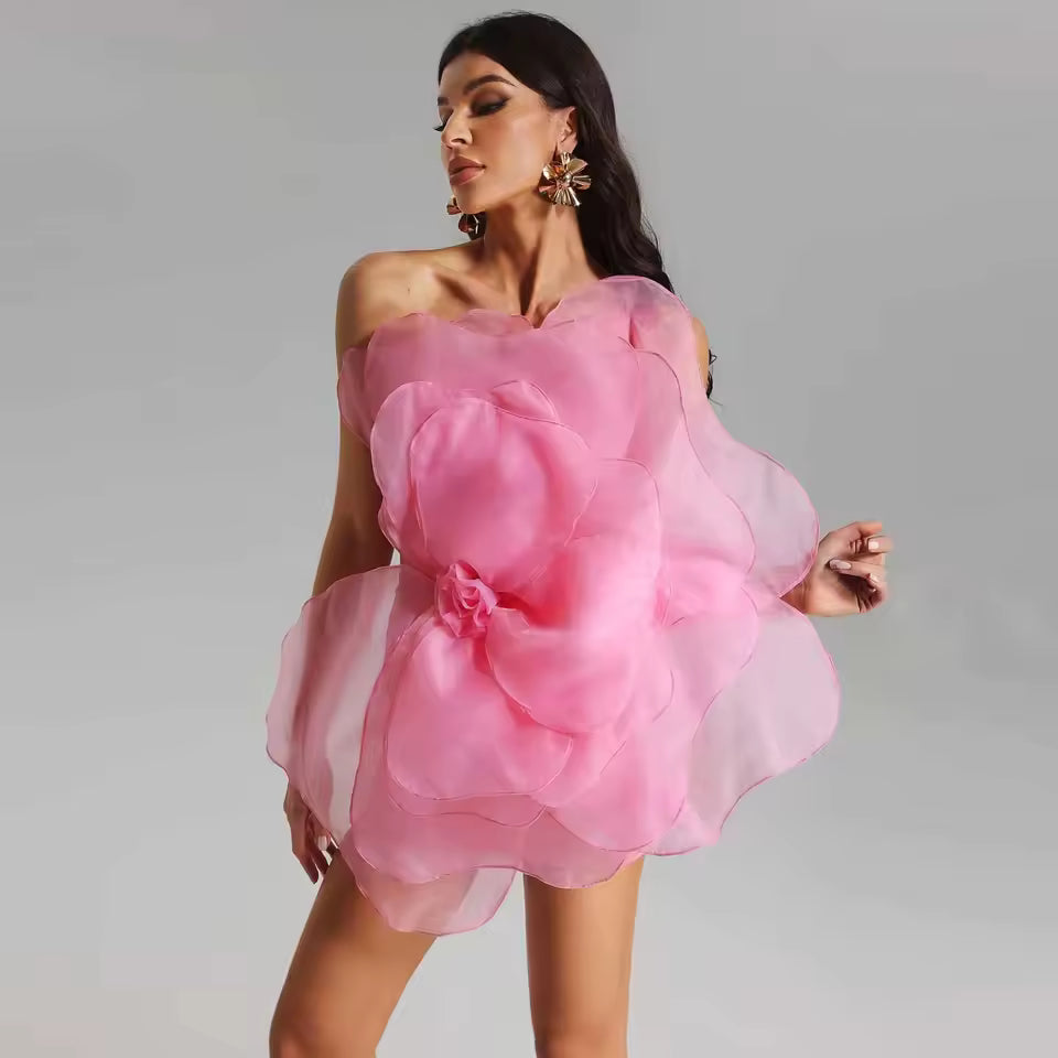 Flower Big 3D Rose Floral One Shoulder Mini Dress