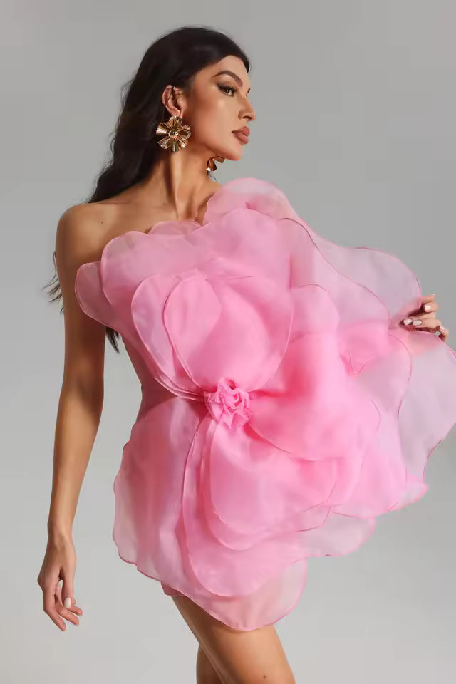Flower Big 3D Rose Floral One Shoulder Mini Dress