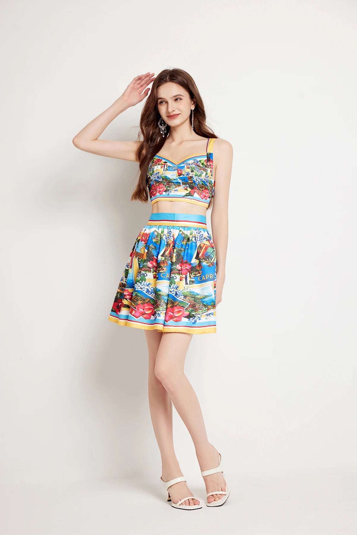 Flower Chest Pads Crop Tops Mini Short Skirt Suits Holiday Beach Matching Sets