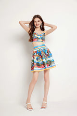 Flower Chest Pads Crop Tops Mini Short Skirt Suits Holiday Beach Matching Sets