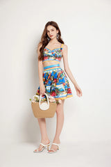 Flower Chest Pads Crop Tops Mini Short Skirt Suits Holiday Beach Matching Sets