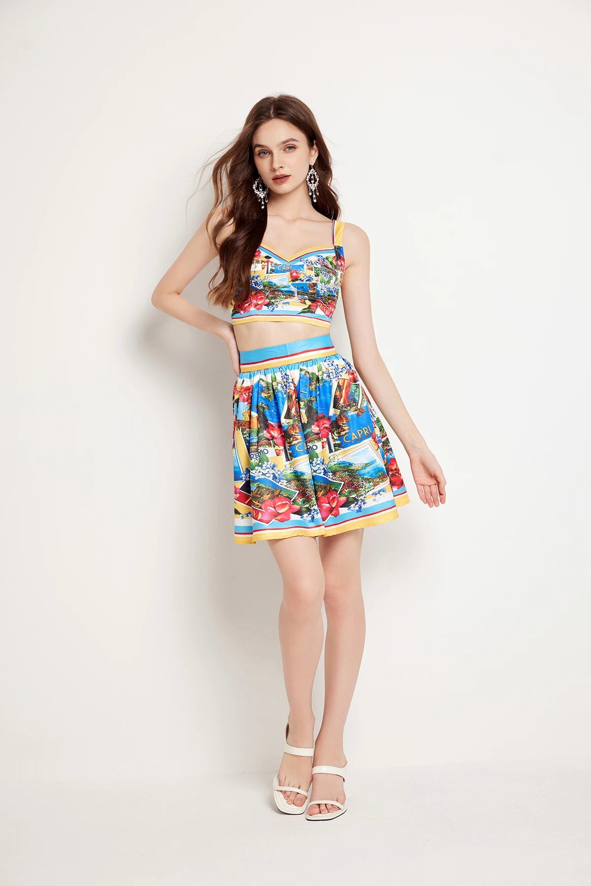 Flower Chest Pads Crop Tops Mini Short Skirt Suits Holiday Beach Matching Sets