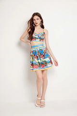 Flower Chest Pads Crop Tops Mini Short Skirt Suits Holiday Beach Matching Sets