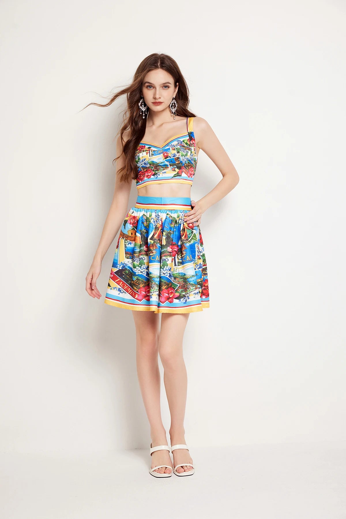 Flower Chest Pads Crop Tops Mini Short Skirt Suits Holiday Beach Matching Sets