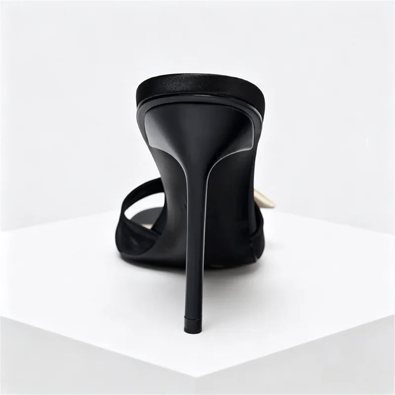 Flower Decoration Satin Mules Slippers Cute Open Toe High Stiletto Heel