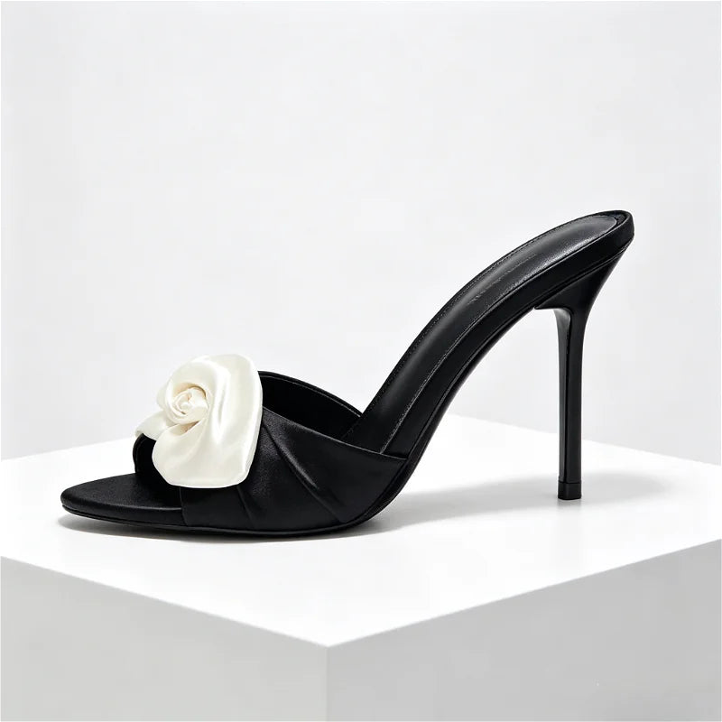 Flower Decoration Satin Mules Slippers Cute Open Toe High Stiletto Heel