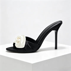 Flower Decoration Satin Mules Slippers Cute Open Toe High Stiletto Heel