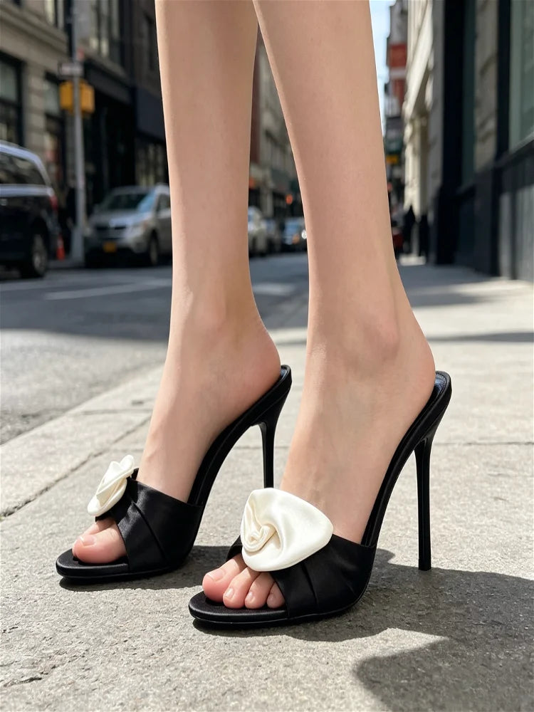 Flower Decoration Satin Mules Slippers Cute Open Toe High Stiletto Heel