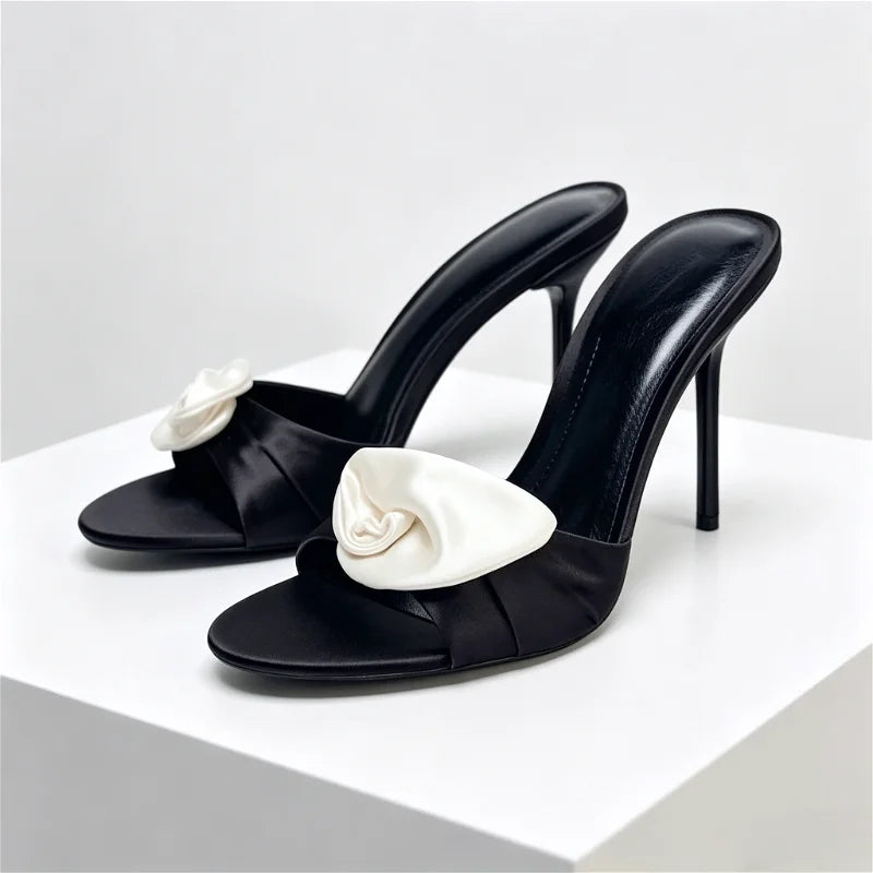 Flower Decoration Satin Mules Slippers Cute Open Toe High Stiletto Heel