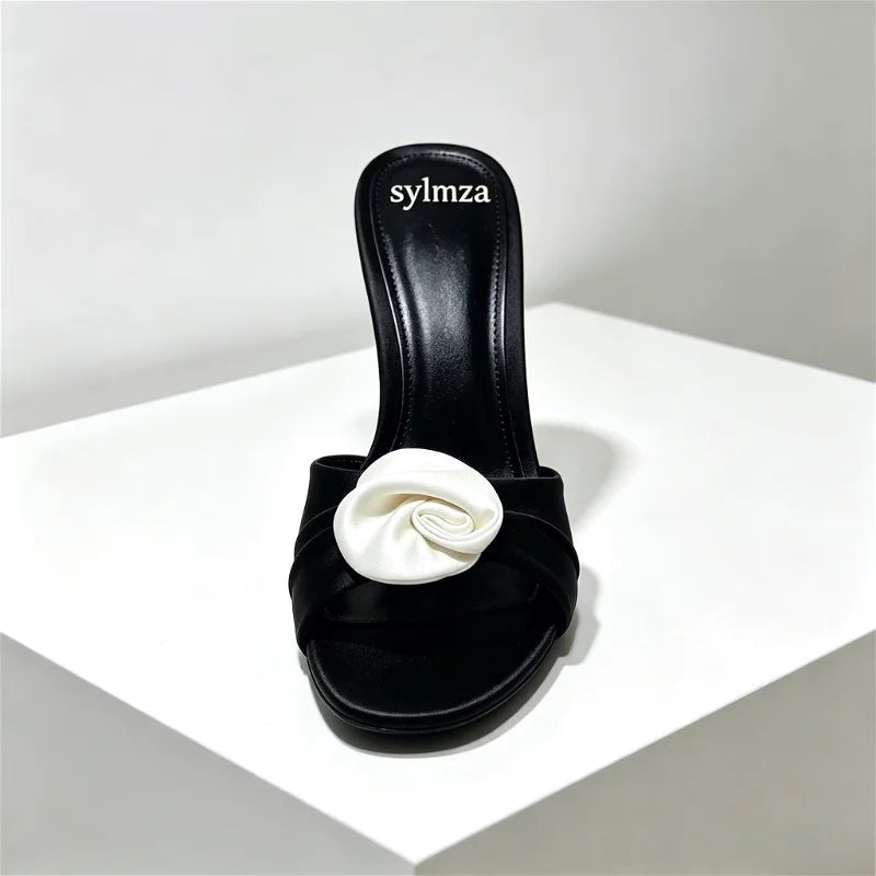 Flower Decoration Satin Mules Slippers Cute Open Toe High Stiletto Heel