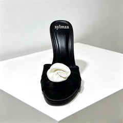 Flower Decoration Satin Mules Slippers Cute Open Toe High Stiletto Heel