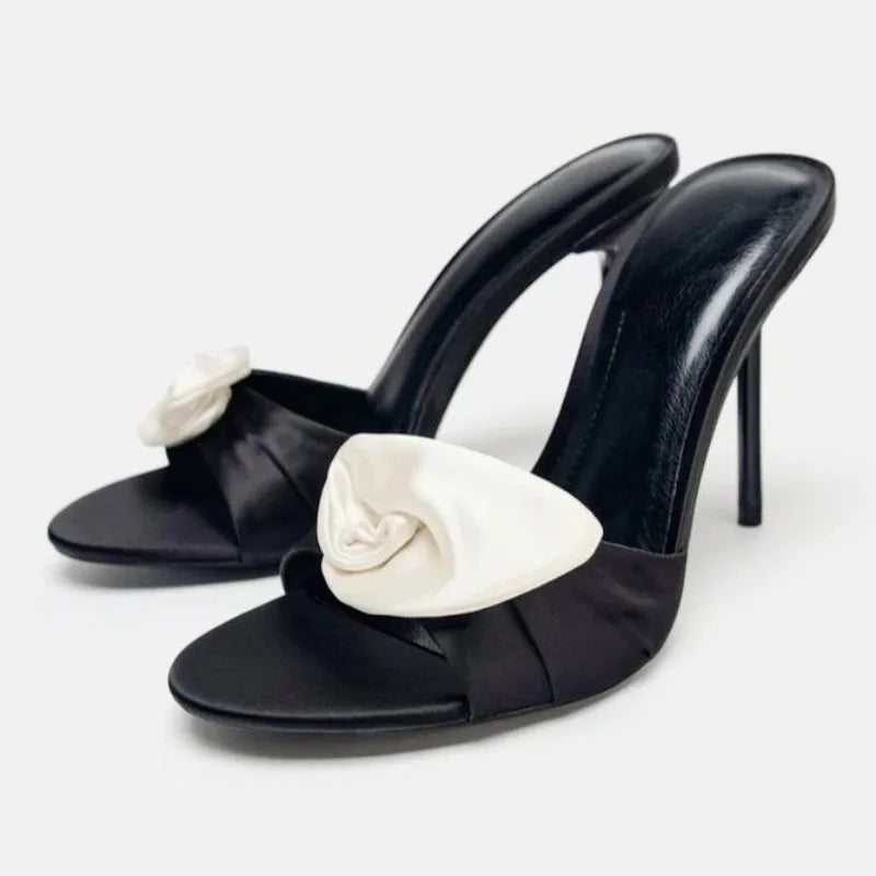 Flower Decoration Satin Mules Slippers Cute Open Toe High Stiletto Heel