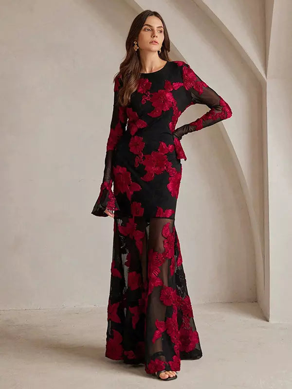 Flower Embroidery With Sheer Sleeves And Open Back For Party Maxi Dress
