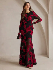 Flower Embroidery With Sheer Sleeves And Open Back For Party Maxi Dress