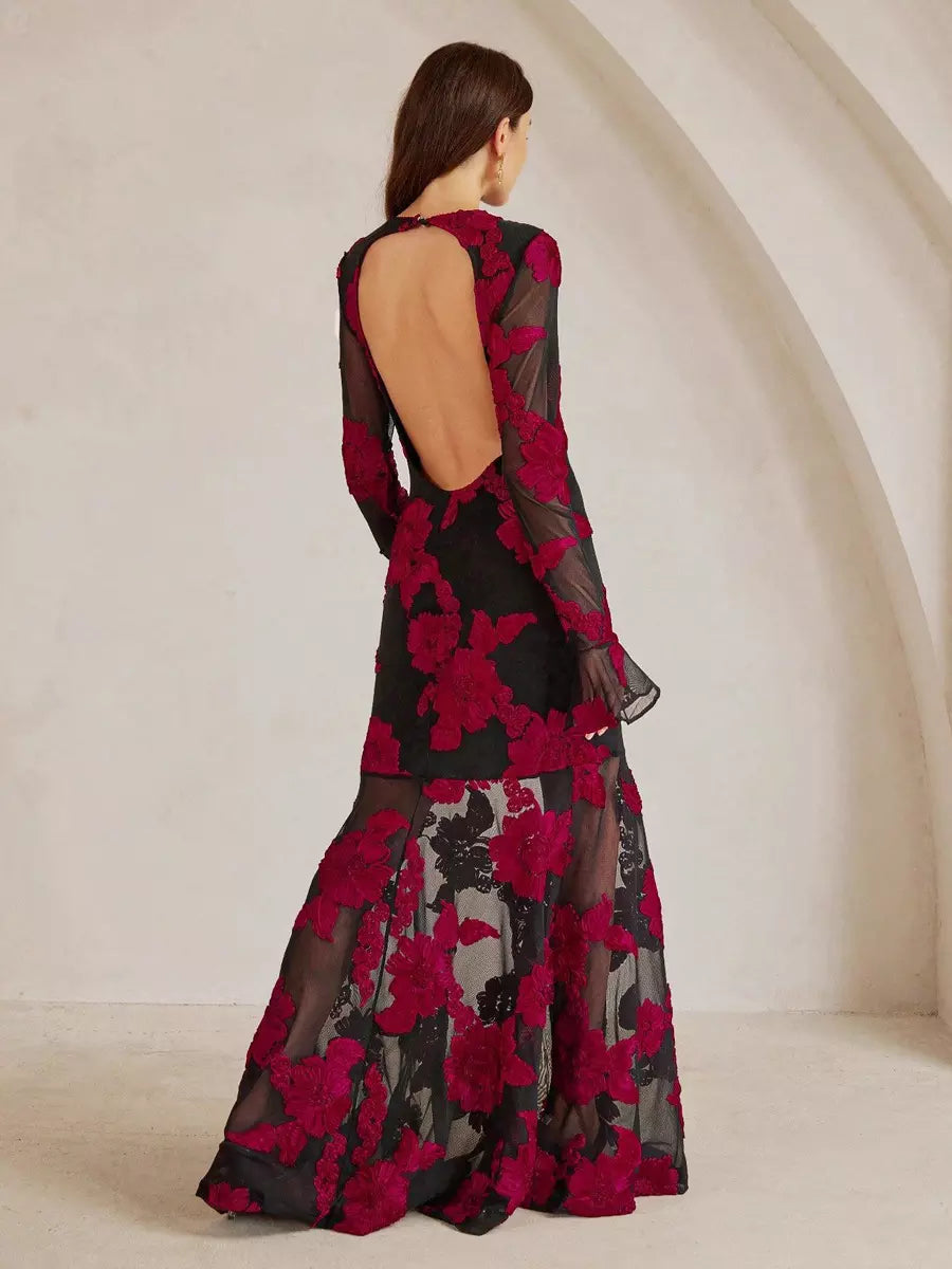 Flower Embroidery With Sheer Sleeves And Open Back For Party Maxi Dress