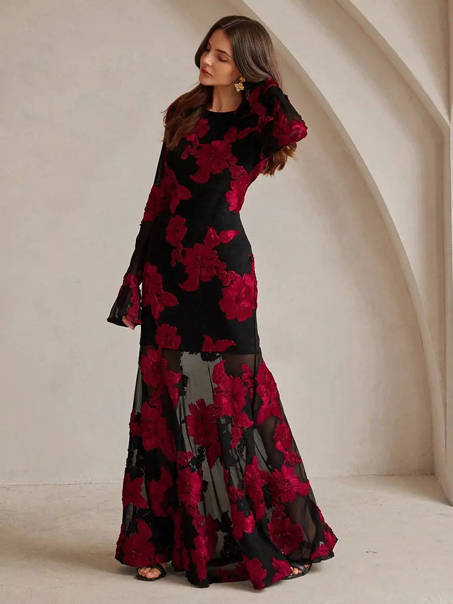 Flower Embroidery With Sheer Sleeves And Open Back For Party Maxi Dress