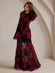 Flower Embroidery With Sheer Sleeves And Open Back For Party Maxi Dress