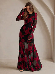 Flower Embroidery With Sheer Sleeves And Open Back For Party Maxi Dress