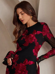 Flower Embroidery With Sheer Sleeves And Open Back For Party Maxi Dress
