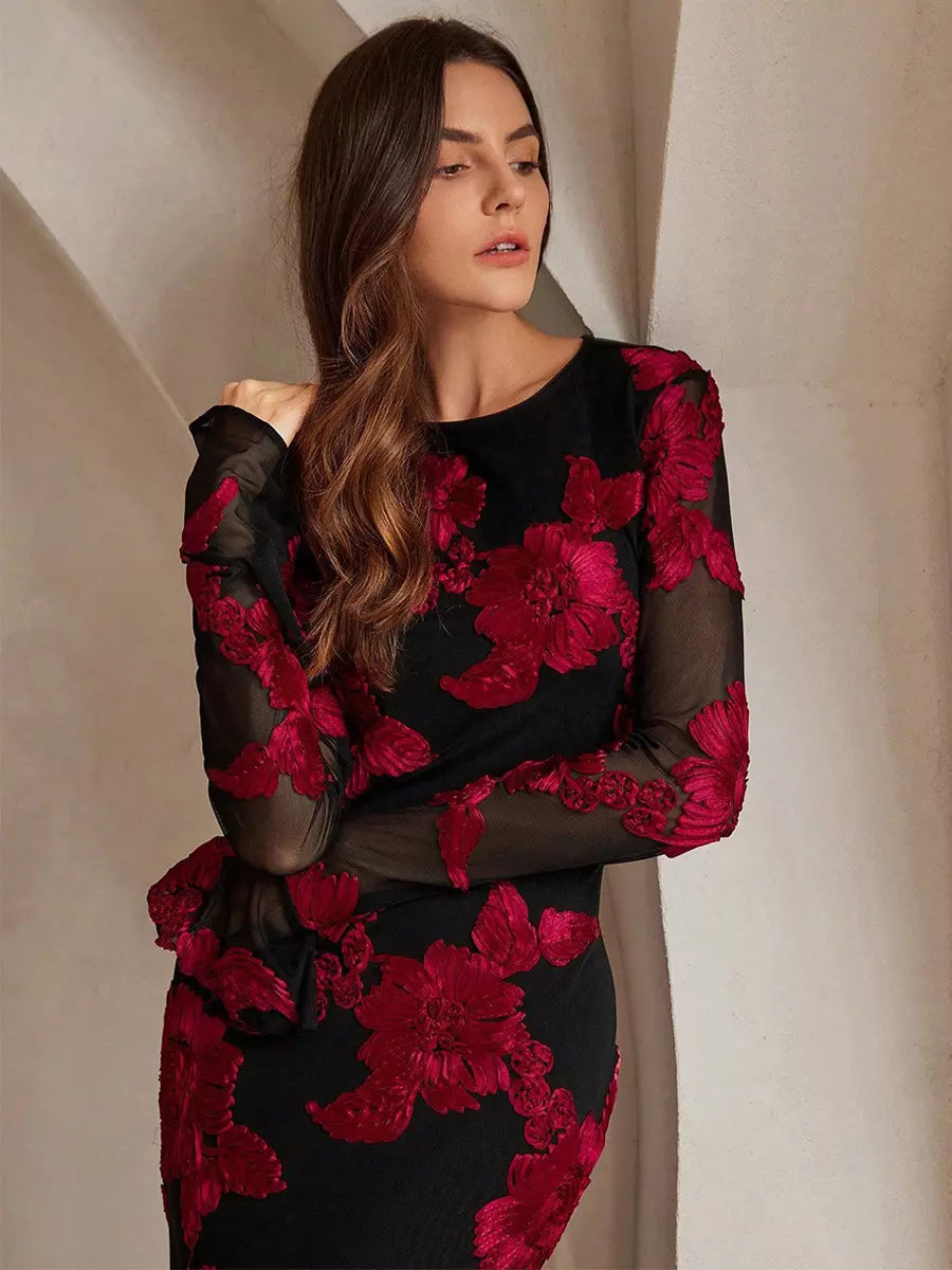 Flower Embroidery With Sheer Sleeves And Open Back For Party Maxi Dress