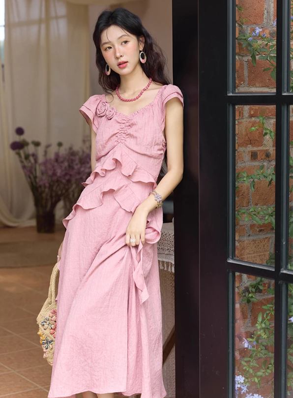 Flower Flying Sleeve Clothing Holidays V-neck Dress