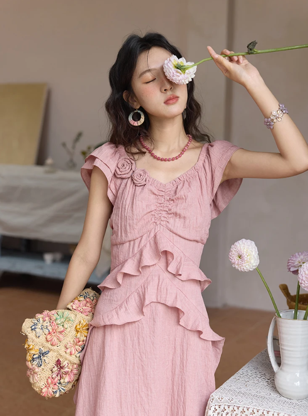 Flower Flying Sleeve Clothing Holidays V-neck Dress