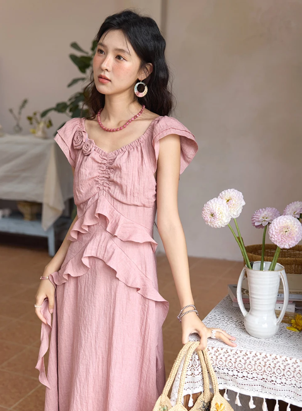 Flower Flying Sleeve Clothing Holidays V-neck Dress