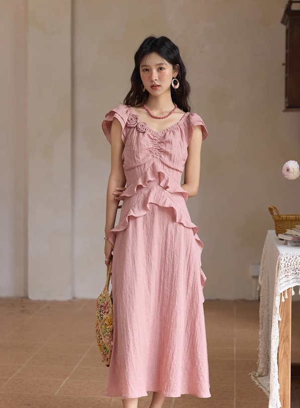 Flower Flying Sleeve Clothing Holidays V-neck Dress