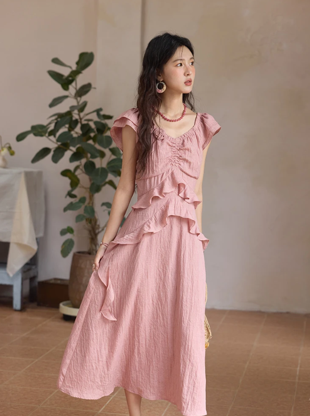 Flower Flying Sleeve Clothing Holidays V-neck Dress