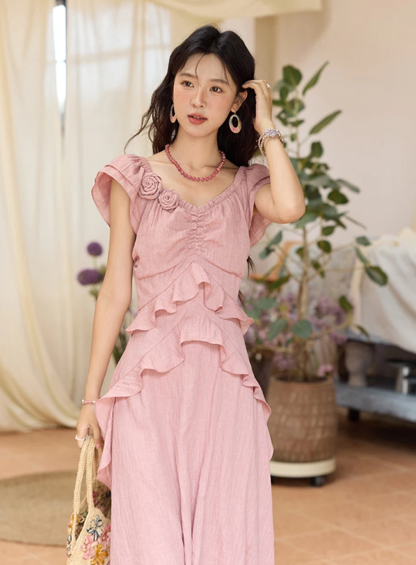 Flower Flying Sleeve Clothing Holidays V-neck Dress