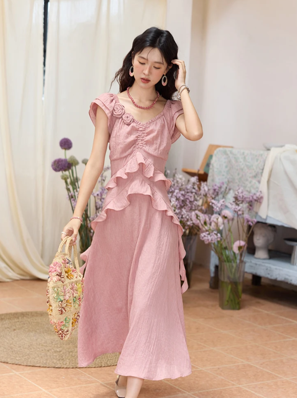 Flower Flying Sleeve Clothing Holidays V-neck Dress