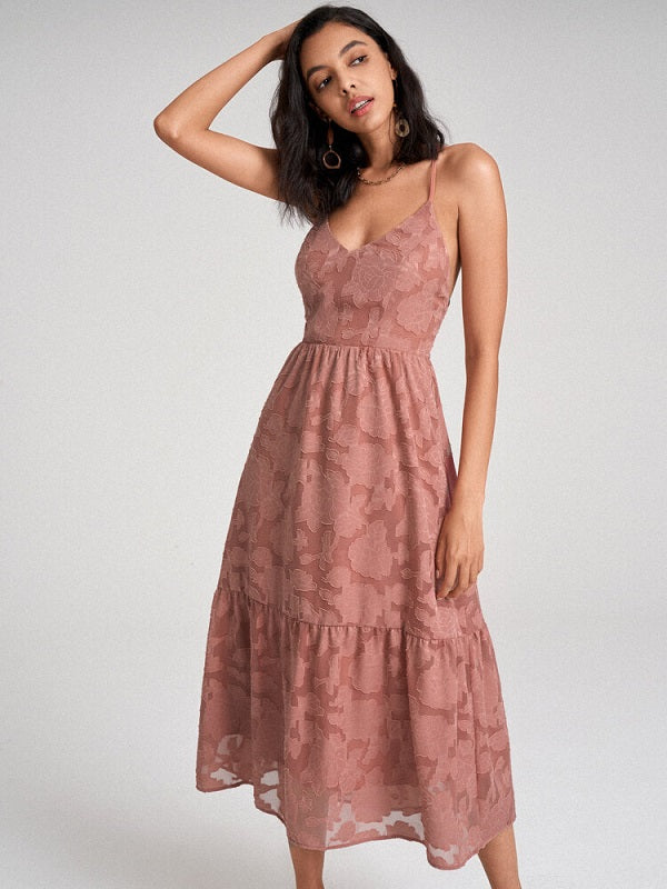 Flower Jacquard Open Back Criss-cross Spaghetti Strap Dress