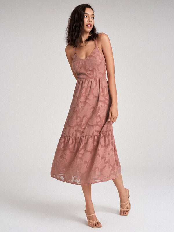 Flower Jacquard Open Back Criss-cross Spaghetti Strap Dress