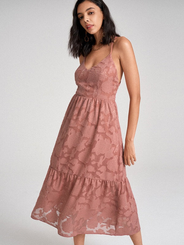 Flower Jacquard Open Back Criss-cross Spaghetti Strap Dress