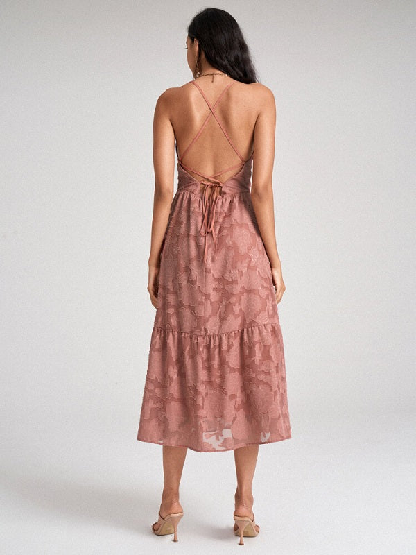 Flower Jacquard Open Back Criss-cross Spaghetti Strap Dress