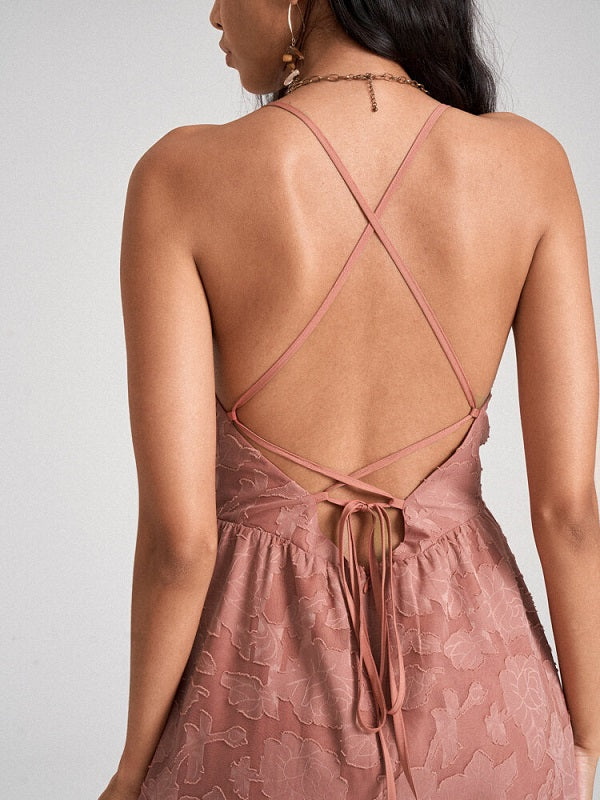 Flower Jacquard Open Back Criss-cross Spaghetti Strap Dress
