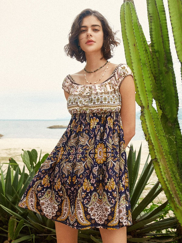Flower Paisley Print Off Shoulder Tie Back Bohemian Mini Dress