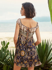 Flower Paisley Print Off Shoulder Tie Back Bohemian Mini Dress