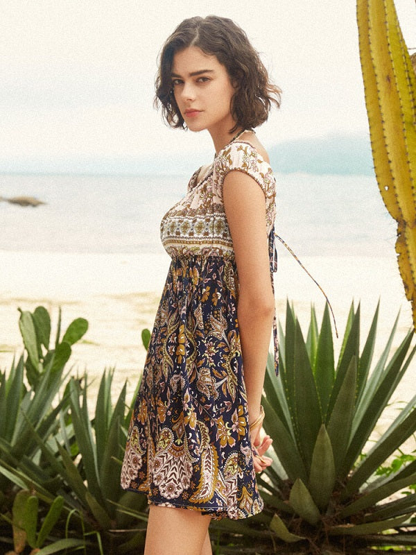 Flower Paisley Print Off Shoulder Tie Back Bohemian Mini Dress
