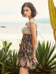 Flower Paisley Print Off Shoulder Tie Back Bohemian Mini Dress