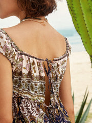 Flower Paisley Print Off Shoulder Tie Back Bohemian Mini Dress