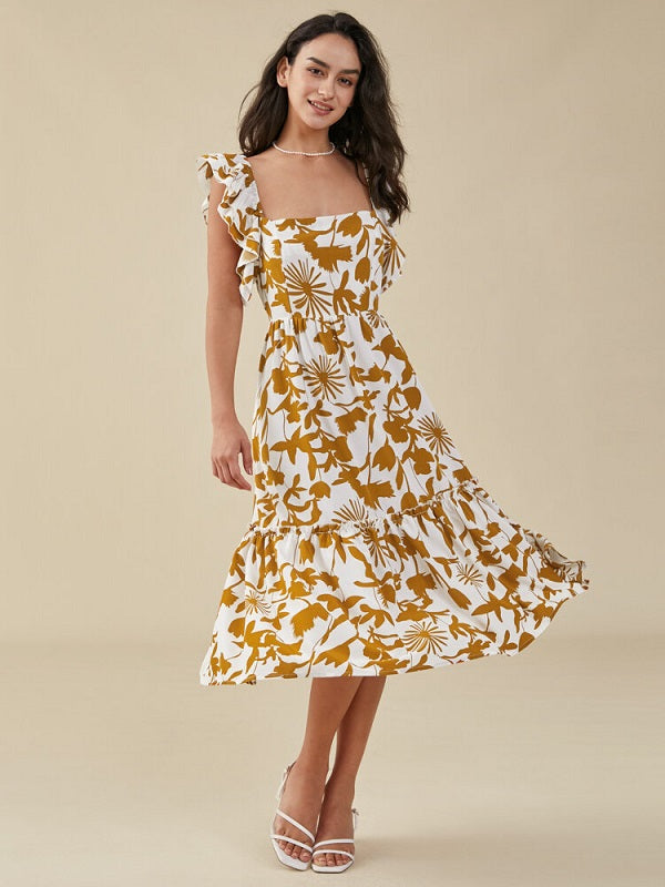 Flower Print Double Cap Sleeve Pocket Shirred Swing Dress