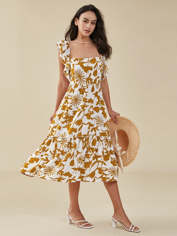 Flower Print Double Cap Sleeve Pocket Shirred Swing Dress