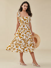Flower Print Double Cap Sleeve Pocket Shirred Swing Dress