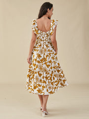 Flower Print Double Cap Sleeve Pocket Shirred Swing Dress