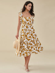 Flower Print Double Cap Sleeve Pocket Shirred Swing Dress