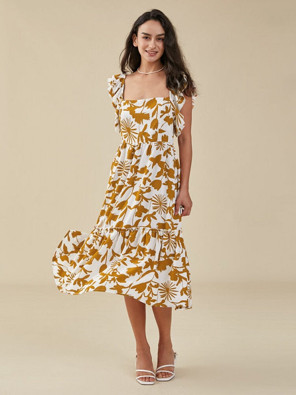 Flower Print Double Cap Sleeve Pocket Shirred Swing Dress