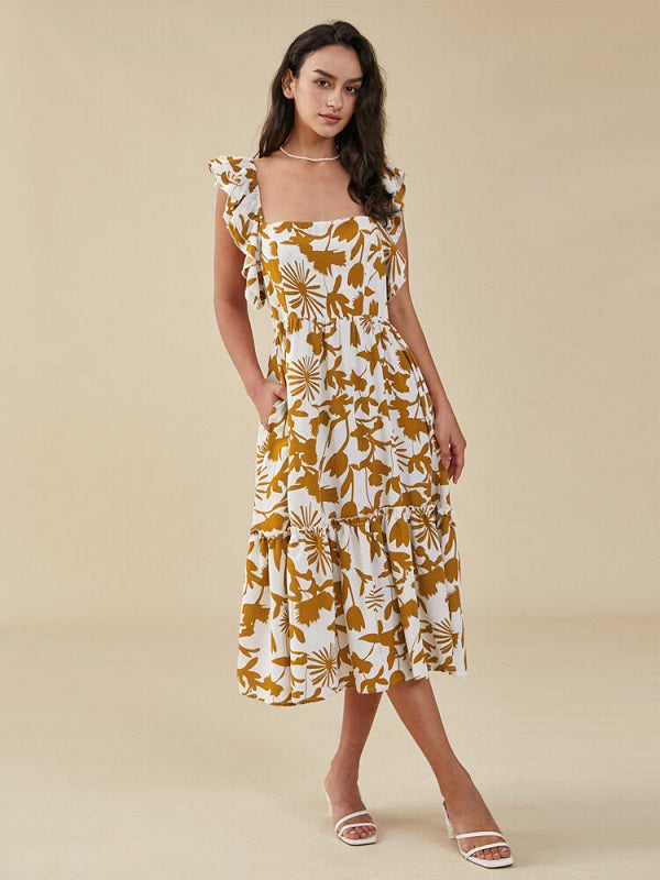Flower Print Double Cap Sleeve Pocket Shirred Swing Dress