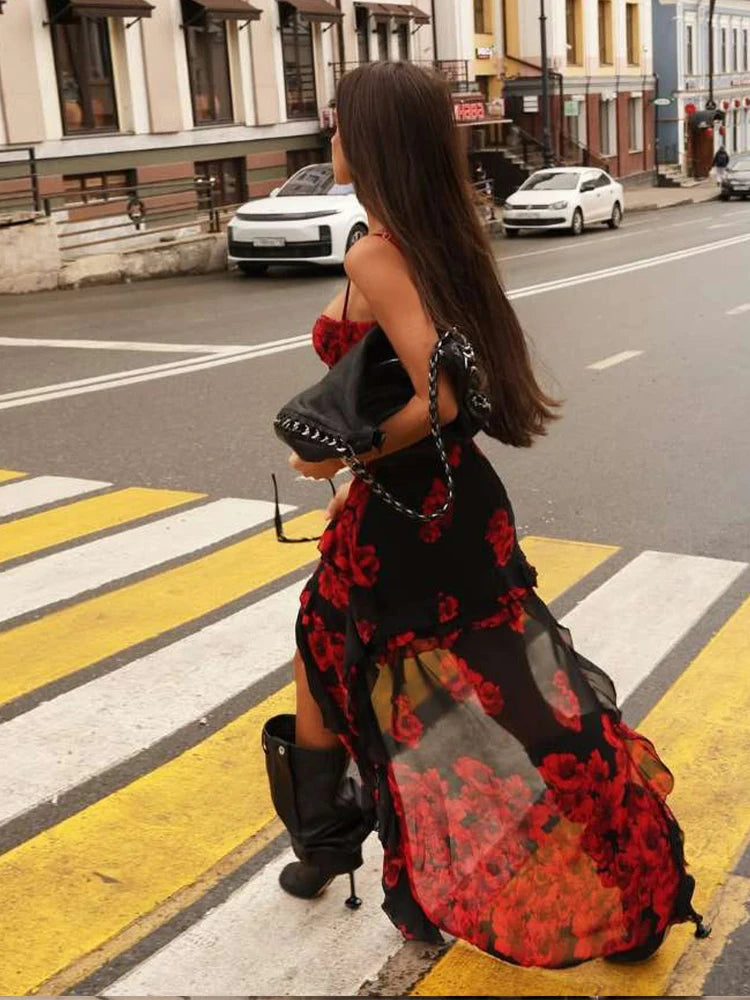 Flower Print Irregular Ruffles Tassel Hem Low-Neck Folds Skinny Street Midnight Party Dress